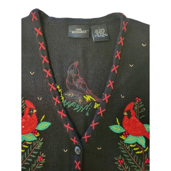 One Resource Women’s VTG Holiday Black Sweater Vest w/ Cardinals and Details - L - Picture 3 of 5